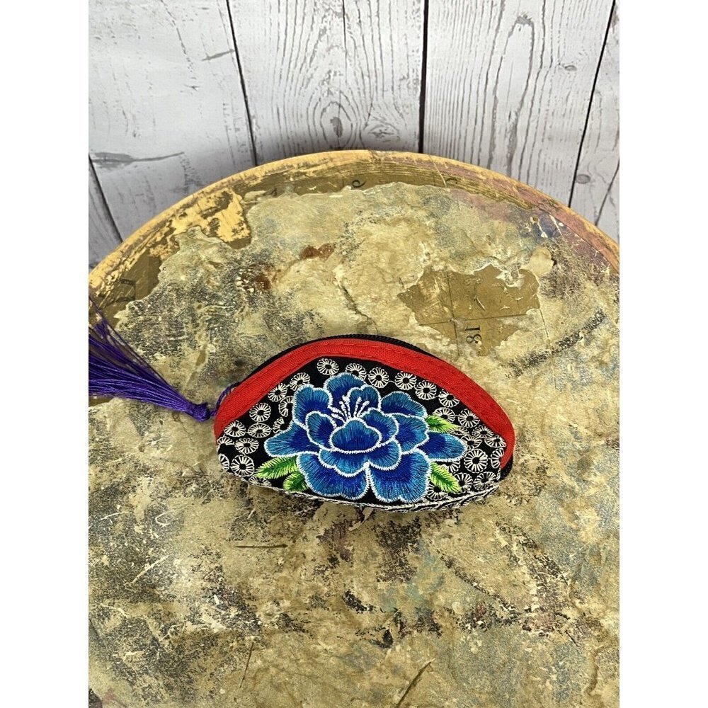 Black Floral Multicolor red blue Mexican Folk Wristlet wallet Coin Purse Women's